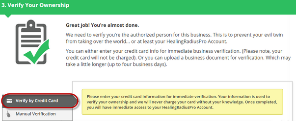 Verify your wellness business ownership by credit card - HealingRadiusPro